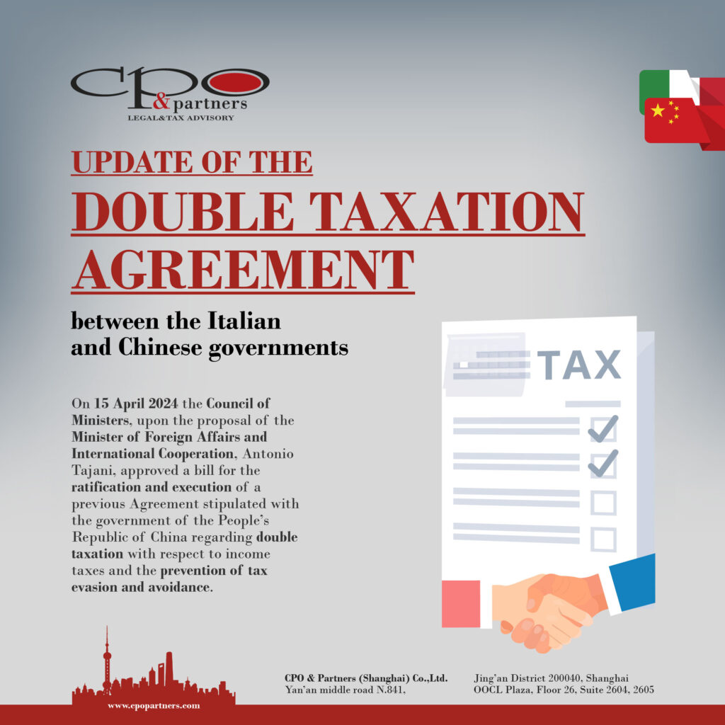 Update of the double taxation Agreement between the Italian and Chinese governments