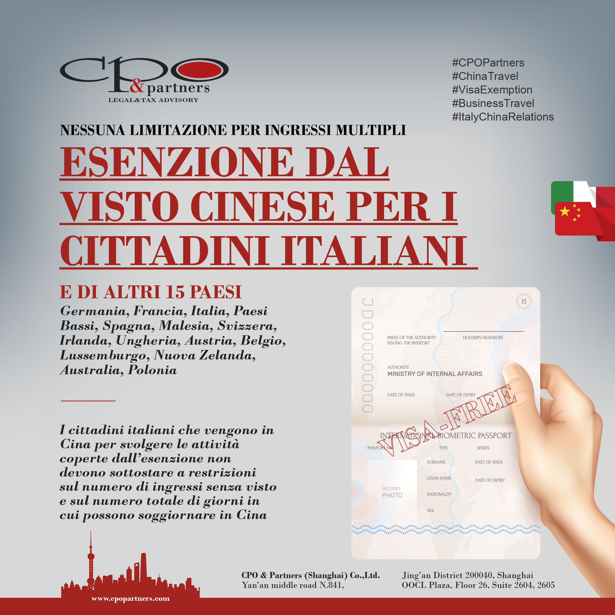 Esenzione dal visto cinese per i cittadini italiani